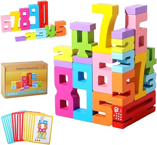 20 Stück Number Blocks Sensorik Holzbausteine Bauklötze Holz Zahlen Lernen Montessori Spielzeug ab 3 Jahre Zahlenblocks Spielzeug mit 15 Zahlenstapelkarten Numberblocks Geschenke für Kinder (A)