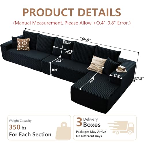 Image of Oversized Modular Sectional Sofa Couch, Large 5 Seater Corner Sofa Modern L Shaped Sectional Couch Cloud Couches for Living Room, Office, Spacious Space, Corduroy, No Assembly Required, Black