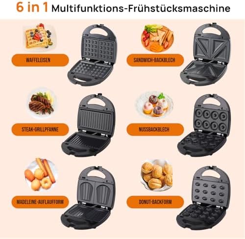 Bild 1 - OKYUK Sandwichmaker mit 6 wechselbaren Platten, 750W Sandwichtoaster Waffeleisen mit Antihaftbeschichtung für Frühstück, Panini und Grillen