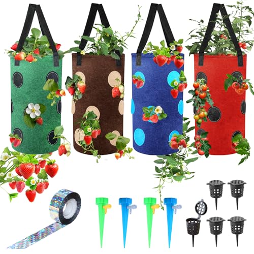 YZNlife Macetero de tomate al revés, maceta colgante de fresas de 3 galones, bolsas de cultivo de tela de aireación duradera para verduras, bolsas de cultivo de fresas, paquete de 4