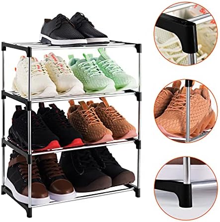 Xerhnan 4-Tier Stackable Small Shoe Rack, Lightweight Shoe Shelf Storage Organizer for Entryway, Hallway and Closet(Black)