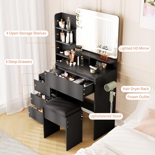Makeup Vanity with Lights, 36-Inch Vanity Desk, 4 Large Drawers, 3 Lighting Modes, Stool & Charging Station, Modern Vanity Table for Bedroom, Women, Black