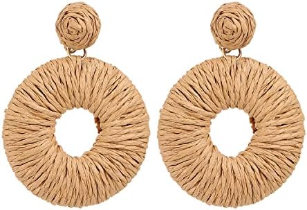 Women’s Raffia Drop Earrings Statement Rattan Earrings for Girls Boho Summer Beach Dangle Earrings Geometric Round Hoop Drop Earring (Nature brown)