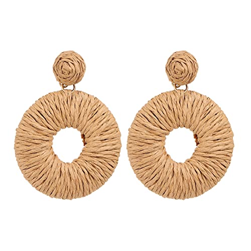 Women’s Raffia Drop Earrings Statement Rattan Earrings For Girls Boho Summer Beach Dangle Earrings Geometric Round Hoop Drop Earring (Nature Brown) #TOP1