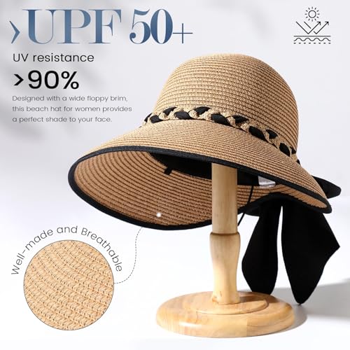 Image of MTRoyaldia Beach Sun Straw Hats for Women, UPF 50+ UV Sun Protection Wide Brim Summer Straw Hat Foldable Packable Roll up Cap Deep Khaki