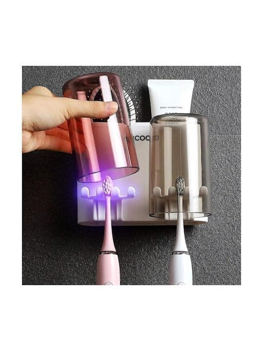 Image of SWAZE Wall Mounted Toothbrush Holder for Bathroom - Stickable Brush Stand with Cover | Tooth Brush & Paste Holder for Bathroom Wall | Bathroom Brush Holder for Wash Basin | Plastic Stand Set (2 Cups)