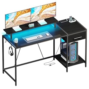 Gaming Desk with LED Lights and Power Outlet, 55 inch Computer Desk with Wooden Drawers and Monitor Stand, Office Desk with Shelves and 2 Headphone Hooks, Work Desk for Home Office,Black