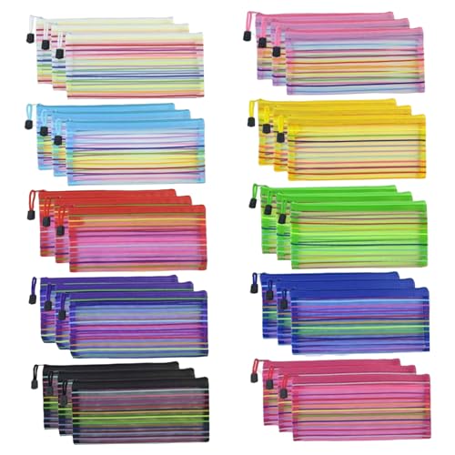 Bolsa de malha com z&iacute;per, 30 pe&ccedil;as, 10 cores, 23 x 11 cm, bolsa de malha com z&iacute;per, port&aacute;til,...