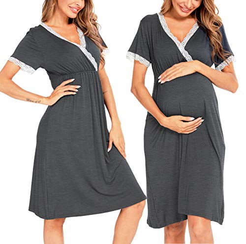 SWOMOG Delivery Gown Nursing Maternity Dress Lace Breastfeeding Pajamas Hospital Bag Must Have Deep Grey