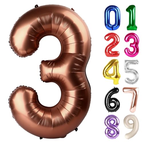 3 Balloon - Brown Birthday Number Balloons, 40 Inch Decorations Men Women