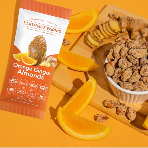 Image of Earthside Farms Orange Ginger Almonds 1oz, 8 Pack - Low Sugar, Keto-Friendly Candied Almonds - Gluten-Free Vegan Snack with Real Ginger and Citrus Zest - Perfect On-the-Go Snack for Work, School