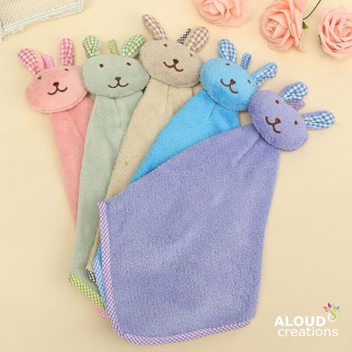 Image of ALOUD CREATIONS Microfiber 4Pc Cute Plush Animal Hand Towels with Hanging Loop |Rabbit Theme |Wash Basin|Sink |Soft Hand Towel for Bathroom & Kitchen |400 GSM |Assorted Colours
