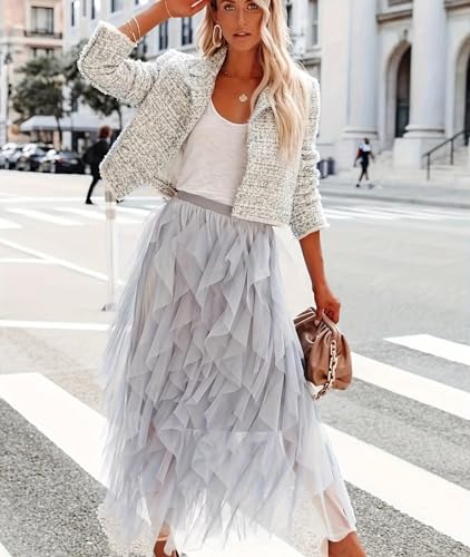 ChicVibes Womens Fairy Tulle Skirts High Elastic Waist Ruffle Mesh Midi Skirt Layered Flowy Skirt for Women4