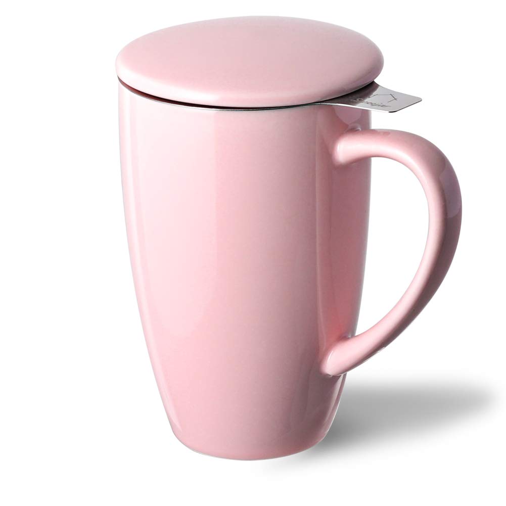 Sweejar Porcelain Tea Infuser Mug with Lid, 16 oz Teacup with Strainers for Loose Leaf Tea, Microwave and Dishwasher Safe Coffee Mug(Pink)