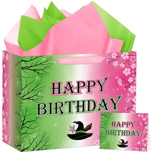 Hooqict Large Pink and Green Gift Bag Witch Birthday Gift Wrap Bag with Handles Tissue Paper Greeting Cards for Girls Friendship Princess Witch Party Favors Movie Theme Birthday Party Supplies