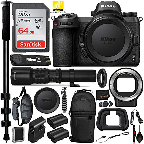 Nikon Z6 Mirrorless Digital Camera(#1595) with Nikon FTZ Mount Adapter(#4185), 500mm Telephoto Lens, and T Mount Adapter w/Professional Bundle; Includes: SanDisk 64GB Ultra Memory Card, and More