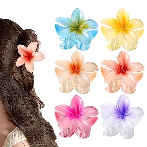 GFORI 6 Stück farbige Blumen-Haarklammern 8 cm große hawaiianische Blumenklammer dünnes dickes lockiges Haar für Damen starke rutschfeste Hibiskus-Haarspange Geschenk-Haarschmuck für Frauen