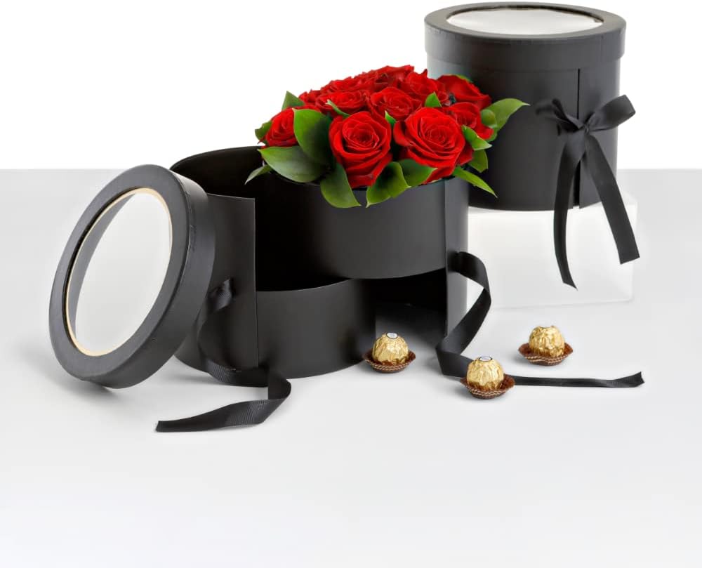 UNIKPACKAGING Premium Quality Round Flower Box 2 TIER Gift Boxes with Lid Size 7.8 dia x 7 inch (Black)