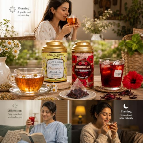 Image of Sancha Tea Boutique, Tea Combo Pack: Chamomile Herbal (50g) & Hibiscus Teas (25 Pyramid Bags), Calming & BP Control, Caffeine Tisanes