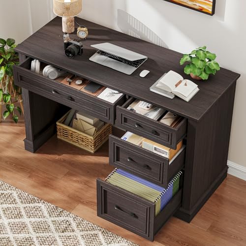 Image of Farmhouse 47 inch Executive Desk with File Drawer, Computer Desk with 4 Drawers, Workstation for Writing, Study, Home Office, Espresso.