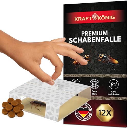 KRAFTKÖNIG Schabenfalle 12 Stück mit Henkel – Effektive Kakerlakenfalle für saubere Schaben Bekämpfung – Giftfrei & geruchlos – Starke Klebefalle mit Lockstoff für Küche, Bad & Keller