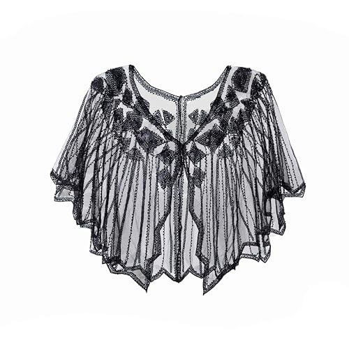 Formery 1920s Flapper Sequin Shawl Wraps Gatsby Black Shawls for Evening Party Cape Wavy Hem Bridal Shawls Bolero Cover Up2