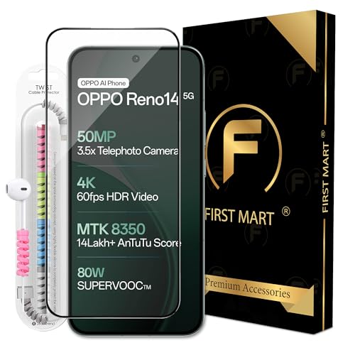Image of FIRST MART Tempered Glass for Oppo Reno 14 and Reno 13, 9H 0.3 mm Full-Glue Screen Protector with Cable Protector, 3D Edge-to-Edge, HD Clear, Case-Friendly, Black, Pack of 1