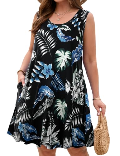 Image of JollieLovin Women Plus Size Curvy Summer Tank Sun Dresses Sleeveless Causal T-Shirt Dress Beach Swing Cover up(L-5X)
