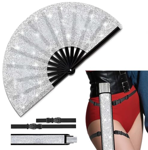 Clacking Fans for Line Dancing 13 Inch Glitter Boots on The Ground Hand Fan,Foldable Hand Fan for Dance Parties, Performances,Sparkly Hand Fans for Women Foldable(Silver)