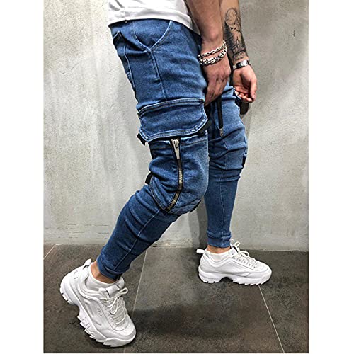 Men's Cargo Jeans,Zipper Jeans for Men Moto Biker Jeans Slim Fit Denim Pants Elastic Waist Drawstring Jeans3