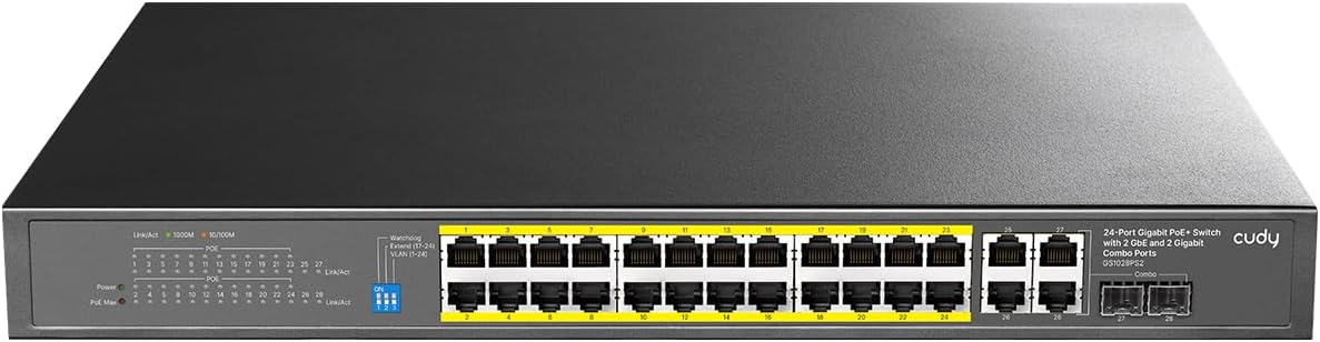 Cudy 24 Gigabit Ethernet Unmanaged PoE+ Switch, 300W, 24 * 100/1000Mbps PoE+ Ports, 2 Gigabit SFP, CCTV / VLAN Mode, 19-inch Rackmount, 802.3af/at, GS1028PS2