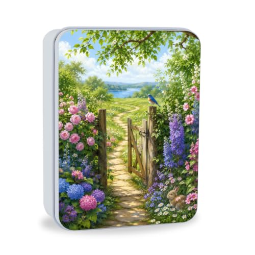Image of Decorative Metal Tin Box with Lid,Bluebird Pathway Organizer