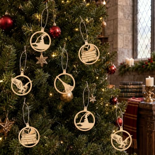 Image of Soulchen 12 Pcs Magical Wizard Party Decor Wizard Magic Lover Hollow Out Hanging Onaments Wooden Vintage Magic Hat Book Castle Broom Hanging Sign for Farmhouse Home Decoration