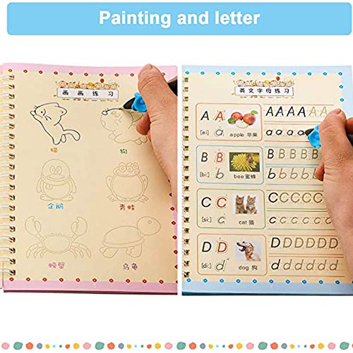 Alphabet Handwriting Practice Workbook for Kids, English Handwriting Pen Copybook Set for Kid Magic Calligraphy Reused Handwriting 4 Copybook with 1Pen 1Penholder 8 Refills