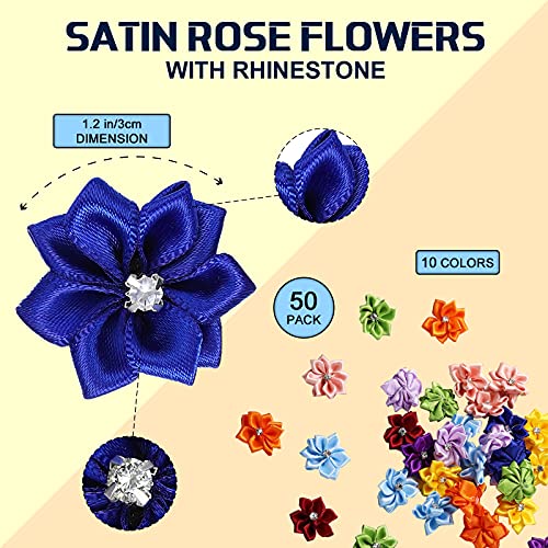 50 Pieces Satin Ribbon Flowers Bows 1.18 Inch Rhinestones Flower Sewing Appliques Daisy Flower Heads Wedding Ornament Decor Diy Craft Wreath Present Wrapping (Multi-Color) #TOP1