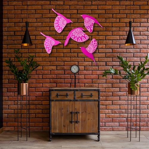 Image of DAKSHESTRY ARTWORKS Wooden 3D 5 Pieces Birds for Wall Art Panel | Wood Bird Folk Art Wall Hanging Art Decoration Item for Living Room, Bedroom, Drawing Room, Dining Room & Office (PINK) Pack of 1