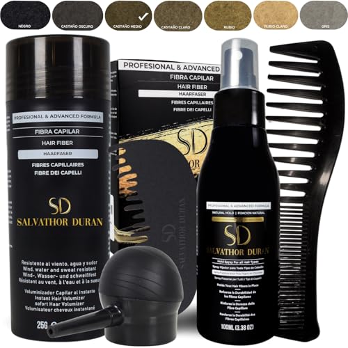 Fibras Capilares Salvathor Duran Kit Premium 25 g - Fibra Capilar + Aplicador + Peine Contorno + Peine de Volumen Pelo + Fijador Fibras Capilares (Castaño Medio)