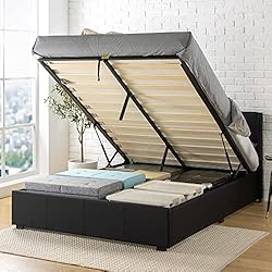 Canapé Cama 160 Zinus Canapé abatible de 32 cm con somier tapizado,cama con elevador de gas y almacenamiento Maddon, Somier de listones de madera, 150 x 200 cm, Negro
