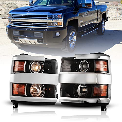 WOLFSTORM Headlight Assembly Fit for 2015-2019 Chevy Silverado 2500&3500, Low/High Beam Headlight Replacement for 2015-2019 Chevy Silverado 2500/3500,Chromed Housing with Clear Lens