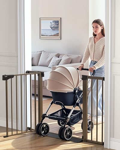 Image of Cumbor 29.7-46" Baby Gate for Stairs, Mom's Choice Awards Winner-Auto Close Dog Gate for the House, Easy Install Pressure Mounted Pet Gates for Doorways, Easy Walk Thru Wide Safety Gate for Dog, Brown