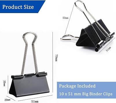 Large Foldback Binder Clips - 51mm Binder Clips Paper Clips Metal Black Bulldog Clips Clamps 2 inch Stationary Clips for Office Home Supplies 10PCS
