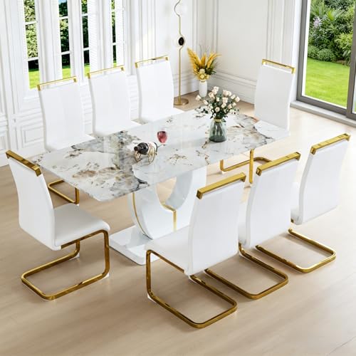 CRIPNAS Faux Marble Dining Room Table Set for 8, Modern