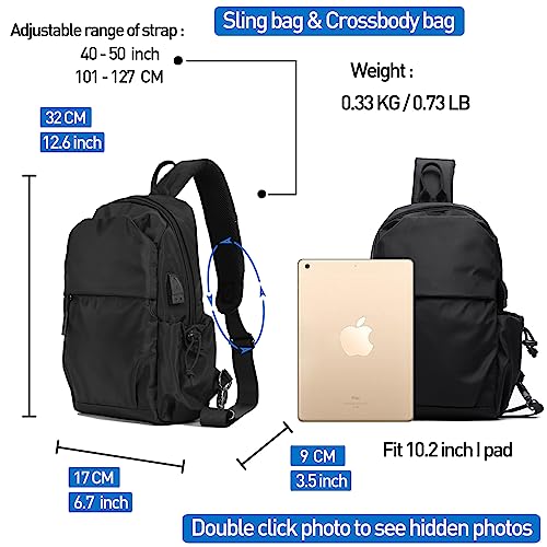 Small Black Sling Crossbody Backpack Shoulder Bag For Men Women, Waterproof Lightweight One Strap Backpack Sling Bag Backpack For Hiking Walking Biking Travel Cycling Usb Charger Port-Nylon #TOP3