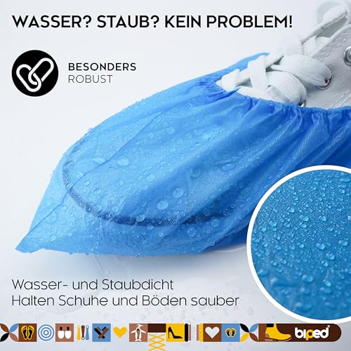 biped Schuhüberzieher Einweg 100 Stück - Latexfreie Galoschen - Rutschfeste Überschuhe mit Gummiband - Schuhschoner Wasserdicht gegen Schmutz & Nässe - Ideal für Haushalt, Praxis, Handwerk z2935