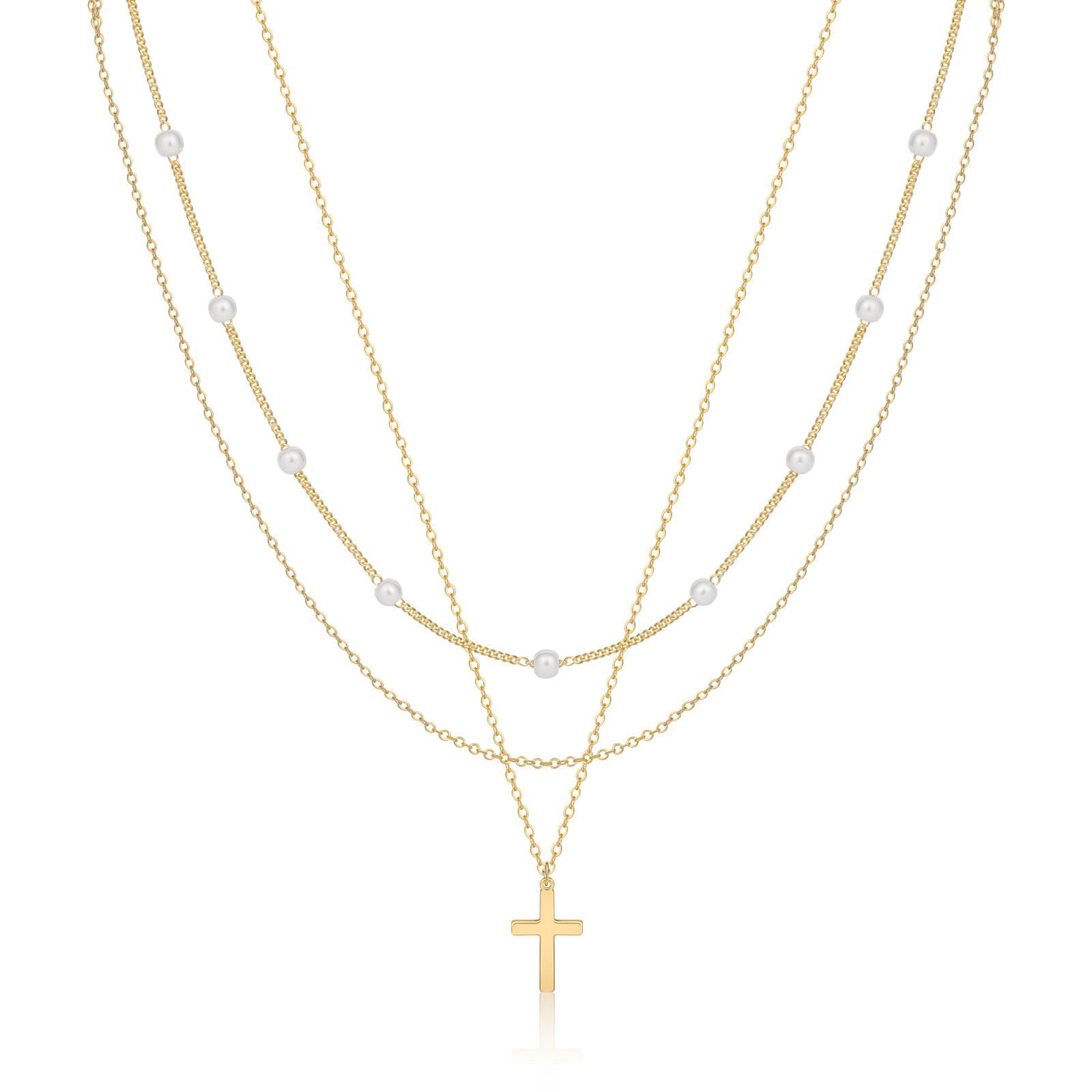 Kryzalite Collar multicapa para mujer, delicado collar dorado, collar chapado en espiga para mujer, collar de cruz de perlas, cadena de clip