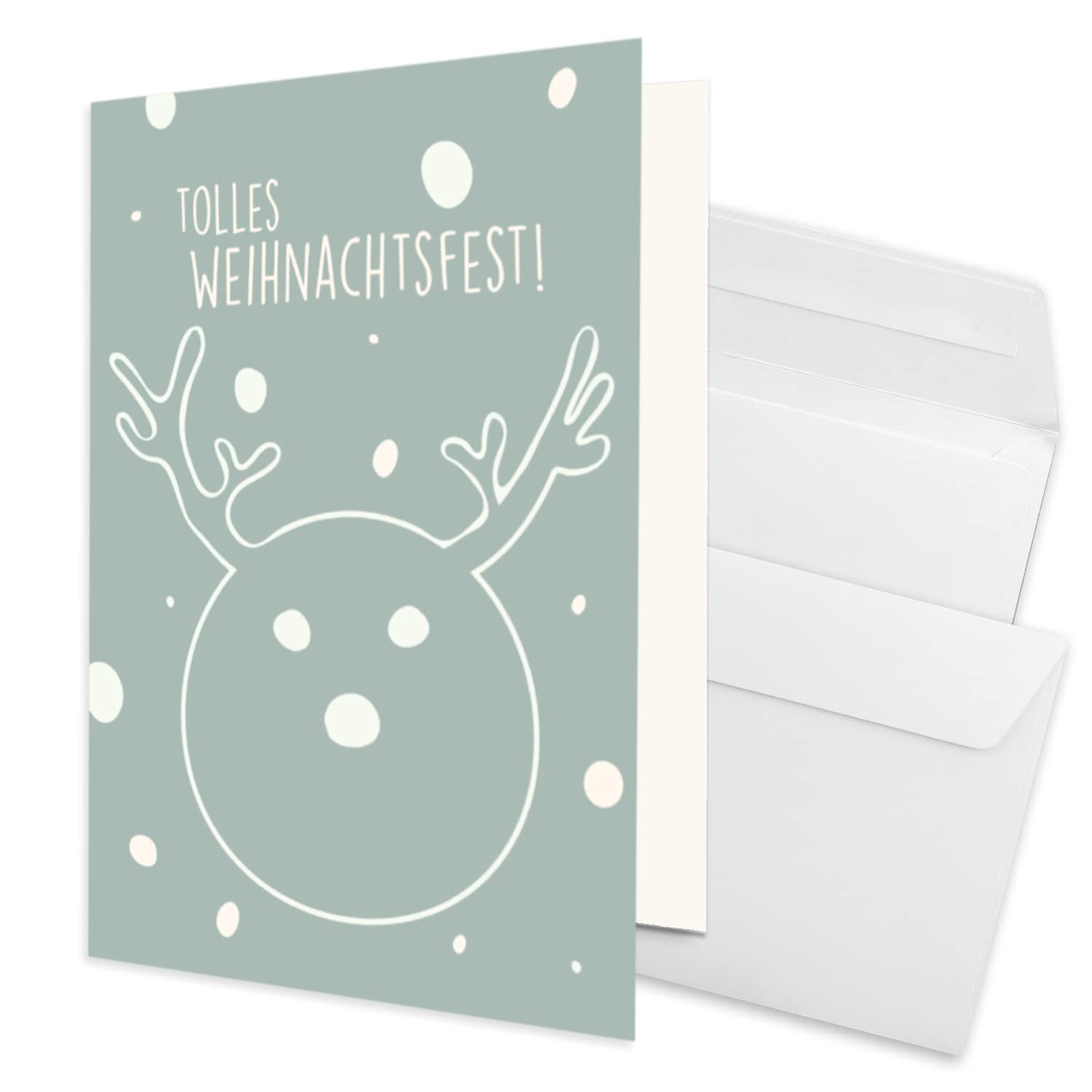 Juego de 75 tarjetas de Navidad sostenibles DIN A6 en azul con renos y texto – Tarjetas plegables con sobres a juego DIN C6 azul con adhesivo – saludos de Navidad para empresas y privadas