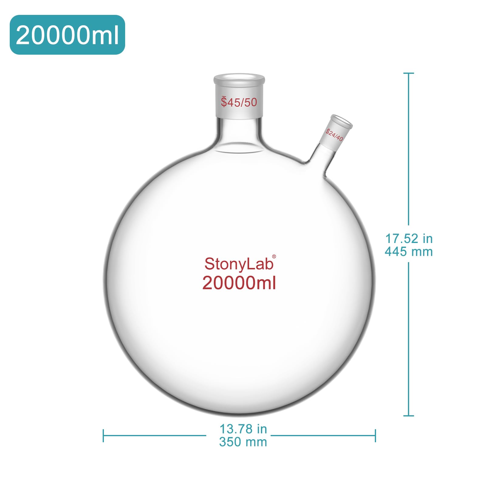 stonylab 20 L Matraz de Fondo Redondo RBF, 2-Cuello Matraz de Laboratorio Paredes Pesadas Vidrio Borosilicato Matraz Hirviendo de Fondo Redondo con 45/50 Centros y 24/40 Conexión Lateral Exterior