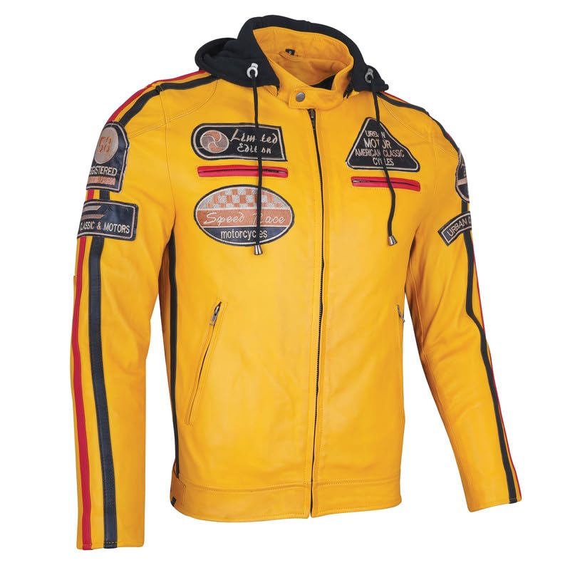 URBAN 5884 58-Gents skórzana kurtka motocyklowa, całkowicie zdejmowane ochraniacze, Żółty, 5XL
