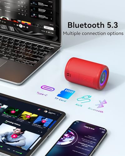 Image of LENRUE Small Portable Bluetooth Speaker with Lights, TWS Stereo Surround Sound, Type C Powered, Bluetooth 5.3, AUX TF Card Input, Wireless for Outdoor Home, Coolest Gifts