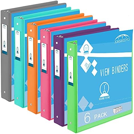 3 Ring Binders, Durable 1” Round Ring, Holds 8.5 * 11inch Papers, with 2 Pockets,6 Colors Binder Assorted Pack